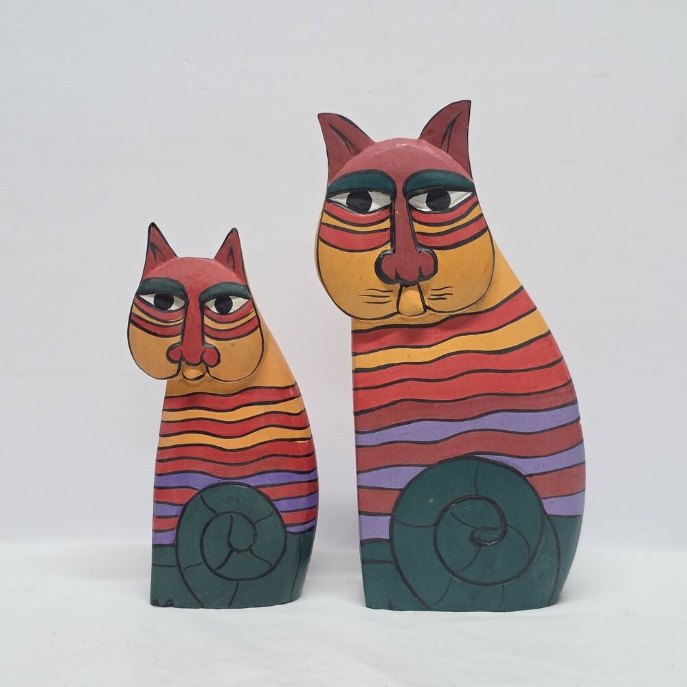 VTG Laurel Burch Carved Wooden Cats Hand Painted Sculpture Folk Art Kitsch Decor